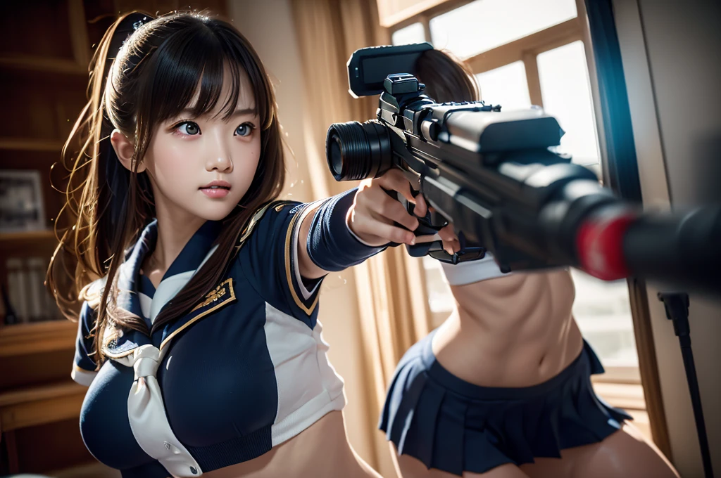 /imagine prompt: A photographic style of a high school girl aiming a machine gun forward, wearing only a sailor suit ribbon. Her pose is confident and seductive, with a slight smirk. The background is a dimly lit room, with shadows enhancing her figure. The lighting highlights her curves and the metallic gleam of the gun. Created Using: high-resolution camera, low-key lighting, detailed textures, dynamic composition, soft focus on background, hyper-realistic detailing, intense color contrast, cinematic atmosphere, hd quality, natural look --ar 16:9 --v 6.0
