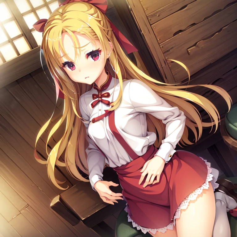 A small girl, seductive, ((forehead to show)), attractive, sexy eyes, red coat, blonde hair, delicate, young, long hair, detailed face, high definition, full body, chinese maid outfit, poker face, cafe, hands behind back