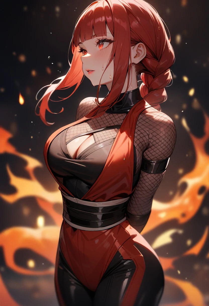 1girl,solo,super detailed skin,shiny skin,wet oily skin,natural face,lips gloss,eyelashes,glowing red eyes,red hair,blunt bangs,sidelocks,a braid,large ,body suit,Shinobi clothes,fishnet,cleavag,standing ,simple background ,fire magically ,arms behind back,arched back,,masterpiece,best quality,ultra detailed,high resolution,sharp focus,depth of field