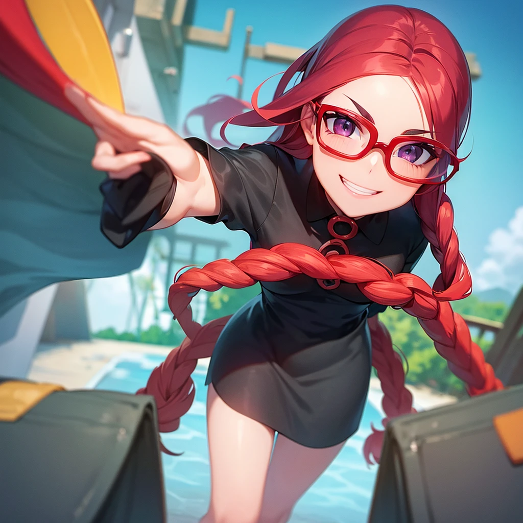 Looking down　Round Glasses　Open your mouth　Red face　Figure eight eyebrows　smile　Cheeky woman