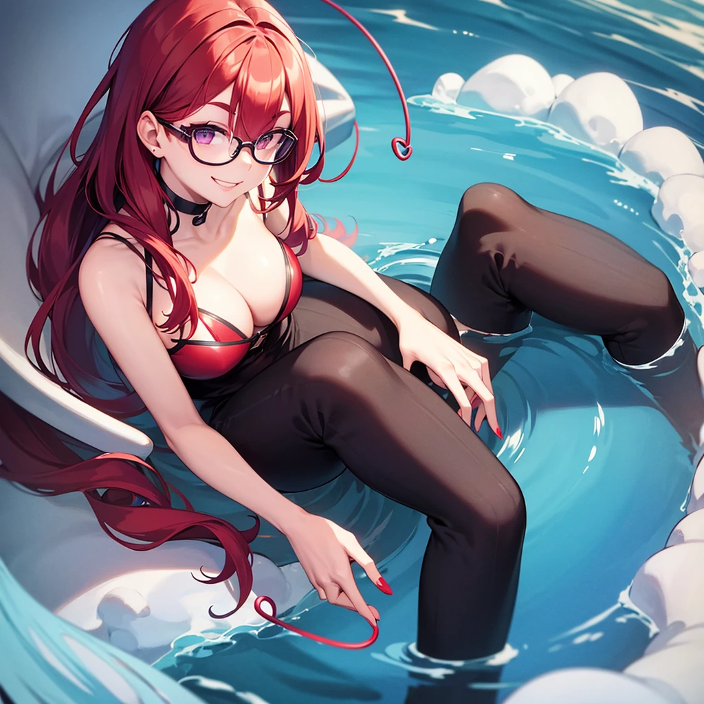 Looking down　Round Glasses　Open your mouth　Red face　Figure eight eyebrows　smile　Cheeky woman