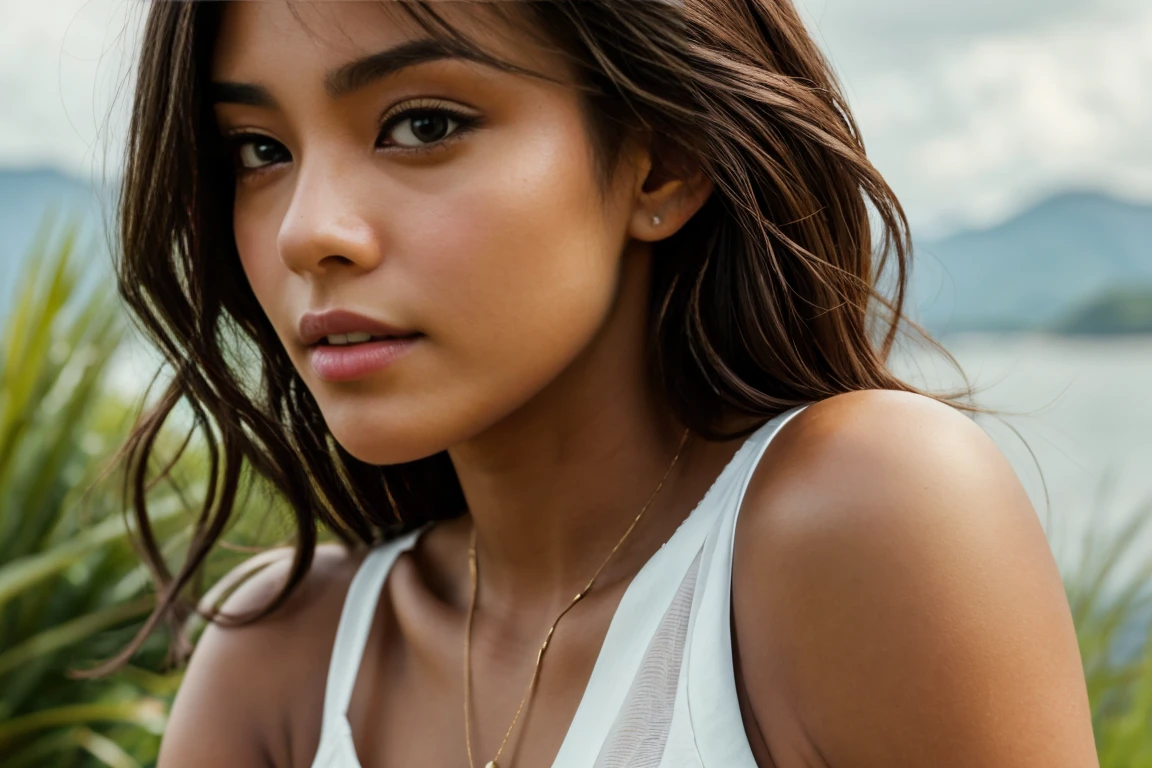 Photorealistic photo of a young, very sexy and elegant 21-year-old mixed race woman posing in the distance