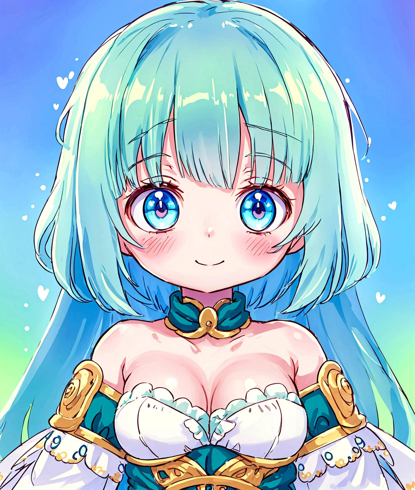 ,Baby Face, cute, Fantasy, ((Anime Girls)),Bright green skin、Light blue hair、、Short limbs、Big Head、Small breasts、Very detailed, ((masterpiece, Highest quality;1.3)) , An innocent smile、whole body