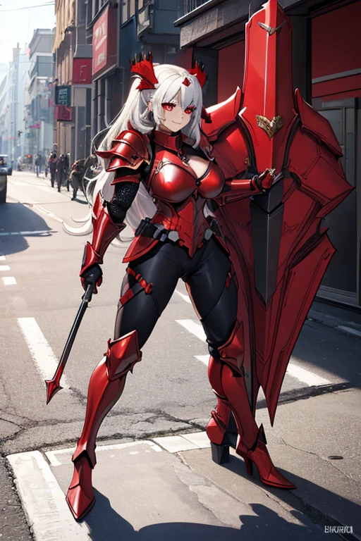 female, silver long hair, red eyes, (((1girl))), (((red full body armor))), (black gloves), (red metal gauntlets), (red metal boots), (red knight's helmet), (black crown), (silver and gold jewelry), cute and sexy, full body, huge breasts, long legs, smiling, black angel wings