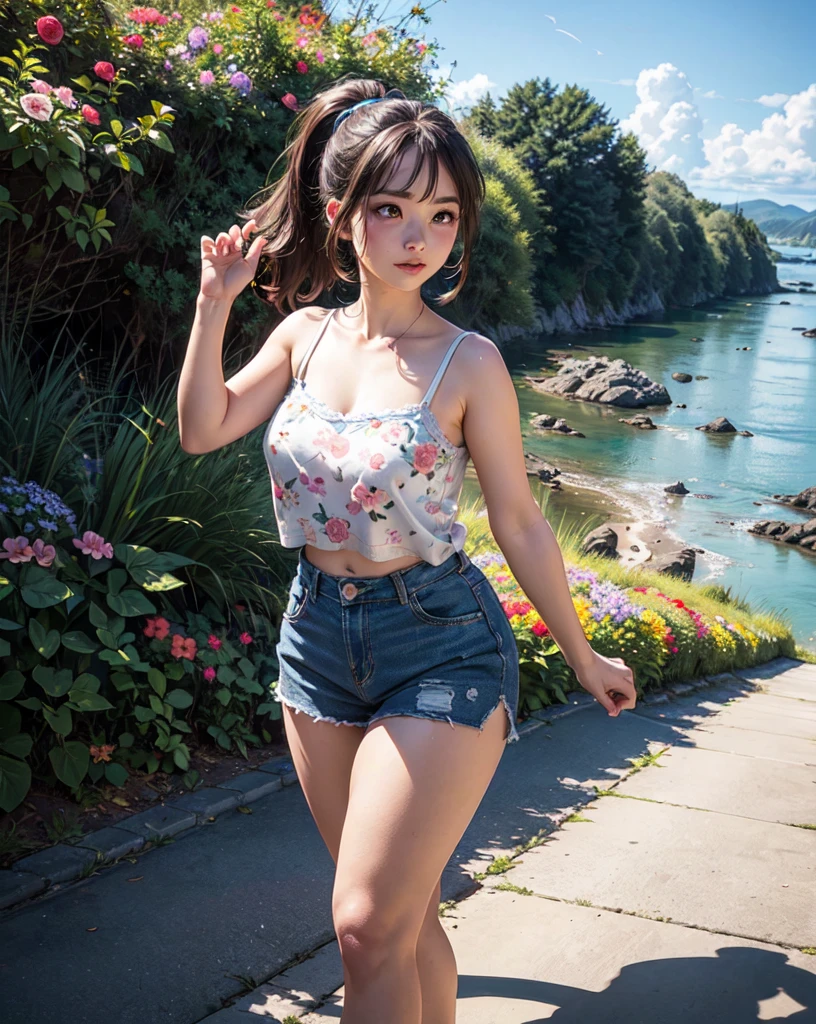 (Highest quality, 32k, High resolution, Masterpiece:1.5, ), marimo_jet, god々A photograph with brilliant dazzling and healing power., Evoking a sense of calm and elusive beauty, Expressing emotions, Have a rich imagination, The road to the horizon, Nostalgic scenery of youth, Beautiful Japanese Girls, An exceptionally beautiful face, Small Face Beauty, Perfect Human Anatomy, Magical big eyes, Motherhood and generosity, Deep Love, fleeting smile, ((Shiny brown hair:1.1)), ((A beautiful ponytail swaying in the wind)), Asymmetrical bangs, Hair between the eyes, Transparent, soft white skin, Sharp eyebrows, Thin lashes, Natural Makeup, Cheek highlighter, Pale pink detailed lips, (Plus size floral camisole:1.4), High resolutionの美しい太もも, Beautiful legs, ((Walking the coastal highway:1.2)), ((The road to the horizon路)), Beautifully detailed skies, ((Shining in the morning sunlight)), Professional photographer, Professional Lighting, Professional models, god秘的