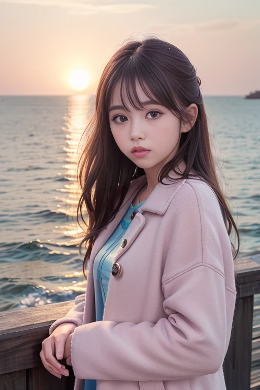 (8K, RAW Photos, Highest quality, masterpiece:1.3), (Realistic, photo-Realistic:1.4), (Highly detailed 8K wallpaper), Sharp focus, Written boundary depth,
Japanese Idols,very cute, Baby Face,(coat:1.3),(Long and straight hair :1.3), Upper Body, Highly detailed face and eyes,((Shiny skin:1.2)), Cinema Lighting, Soft Light, Blur the background,( Calm morning seascape with the morning sun reflecting on the water, Create a sparkling effect. Far away, You can also see small fishing boats.., As we approach the shore, Shells scattered on the sand. The sky is bathed in soft shades of pink and orange., Clouds drifting :1.2)