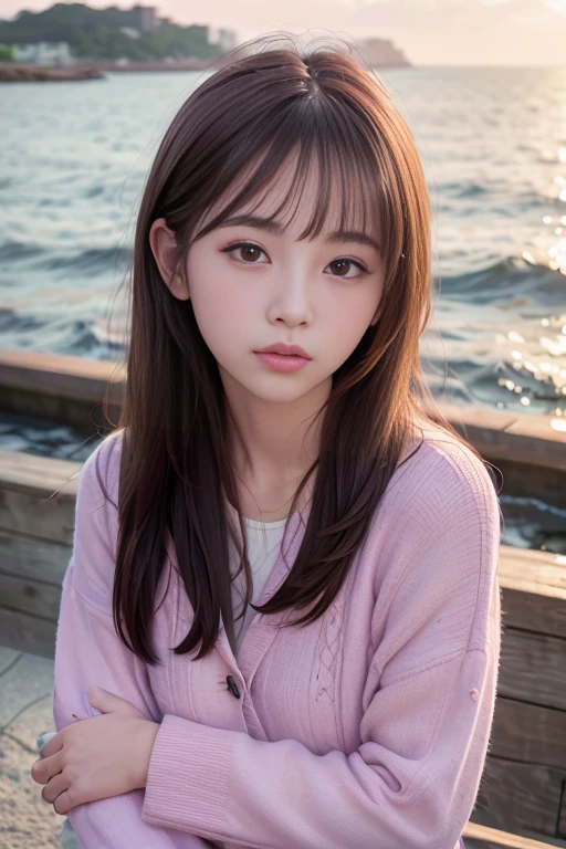 (8K, RAW Photos, Highest quality, masterpiece:1.3), (Realistic, photo-Realistic:1.4), (Highly detailed 8K wallpaper), Sharp focus, Written boundary depth,
Japanese Idols,very cute, ,(coat:1.3),(Long and straight hair :1.3), Upper Body, Highly detailed face and eyes,((Shiny skin:1.2)), Cinema Lighting, Soft Light, Blur the background,( Calm morning seascape with the morning sun reflecting on the water, Create a sparkling effect. Far away, You can also see small fishing boats.., As we approach the shore, Shells scattered on the sand. The sky is bathed in soft shades of pink and orange., Clouds drifting :1.2)