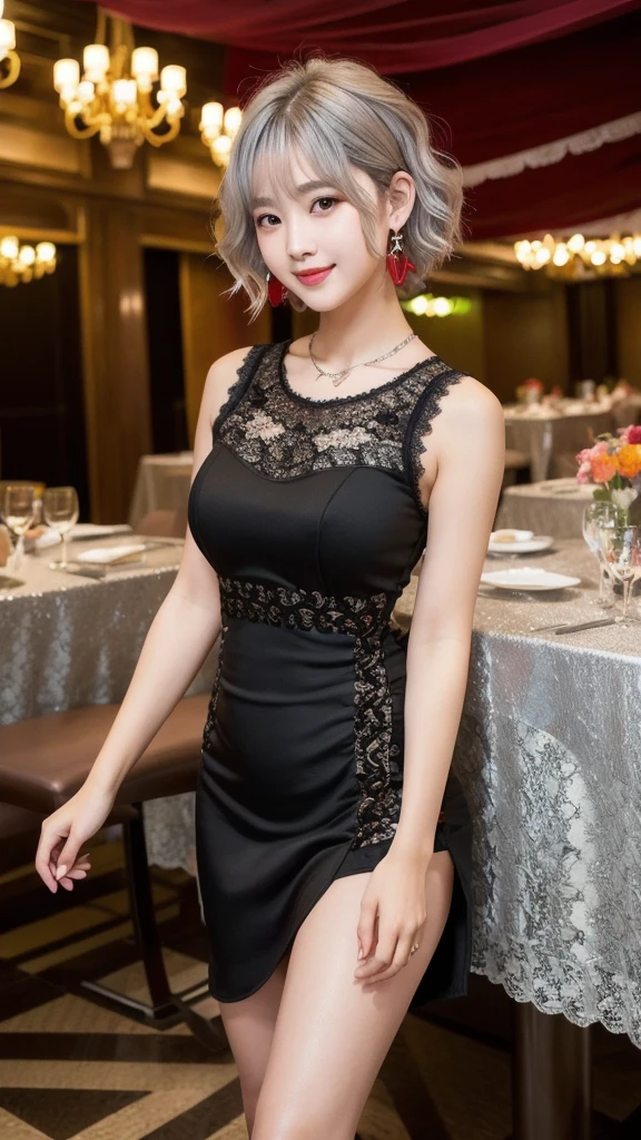 (8K, Photorealistic, Raw photo, Highest quality: 1.4),Japanese idol-style beautiful girl,1 person,18-year-old,(Short Bob),(Silver Hair :1.2),(Natural Waves),She has her hair tucked behind her ears,Clear grey eyes,Long eyelashes,(piercings(small)),(Lip gloss(red)),lips(Plump,glossy),thin long neck,necklace,ring,(sleeveless one-piece dresses((Medium length(Length above the knee :1.2)),(Black color),(Lace embroidery),(Layered))),Small pouch,Large hotel party hall,Stand-up buffet,A large number of people(Woman in a dress)Background of the gathering,Smiling at the camera,Full body portrait