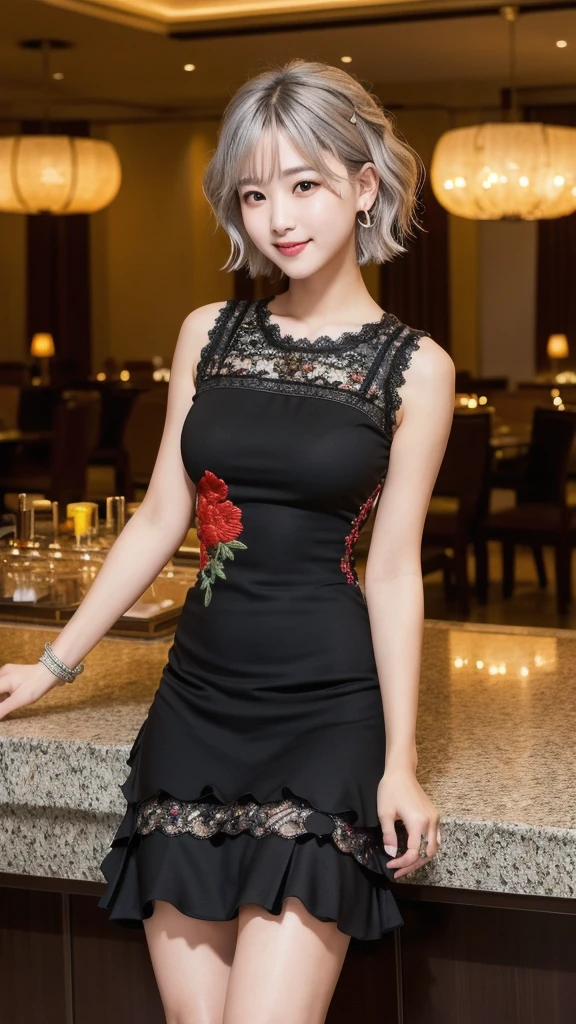 (8K, Photorealistic, Raw photo, Highest quality: 1.4),Japanese idol-style beautiful girl,1 person,18-year-old,(Short Bob),(Silver Hair :1.2),(Natural Waves),She has her hair tucked behind her ears,Clear grey eyes,Long eyelashes,(piercings(small)),(Lip gloss(red)),lips(Plump,glossy),thin long neck,necklace,ring,(sleeveless one-piece dresses((Medium length(Length above the knee :1.2)),(Black color),(Lace embroidery),(Layered))),Small pouch,Large hotel party hall,Stand-up buffet,A large number of people(Woman in a dress)Background of the gathering,Smiling at the camera,Full body portrait