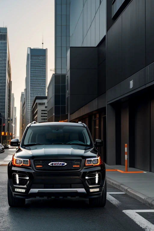 A high-resolution image of a black SUV vehicle. The SUV is sleek and modern with shiny black paint. On the front door, the word 'SAFE' is prominently displayed in bold, bright orange letters. The setting is a clean urban environment, showcasing the SUV parked on a smooth asphalt road with buildings in the background