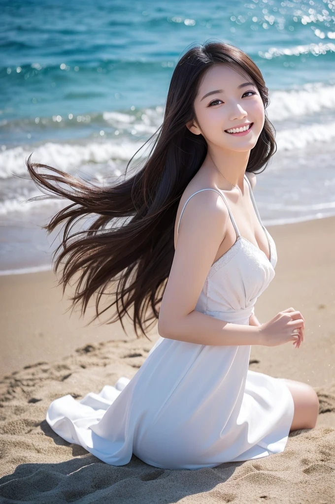 Having long flowing hair、Very Beautiful Japan Woman。She is wearing a stylish white dress.、She has striking bluish-black eyes and a bright smile.、Has an elegant posture。The background is a sparkling seaside and sandy beach.。
The image style is realistic.、It adds a touch of glamour.。