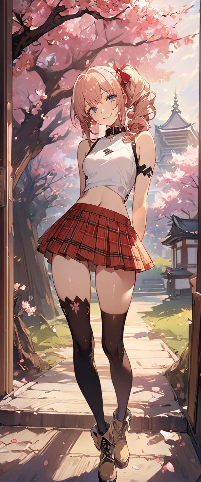 masterpiece, best quality, 8k, 4k, 1girl, (masterpiece, best quality:1.2), 1girl, serah farron, smile, looking at viewer, thin body ,arms behind back, blue eyes, super long curly side ponytail, black diamond-shaped armband, plain white sleeveless shirt with collar, zig-zag on pattern, straight collar shirt, midriff, transparent sleeveless pink jacket, red plaid-pleated short skirt, black lace skirt under, slightly lower skirt, plain black thigh-high stockings, light brown ankle boots, finely detailed eyes and detailed face, face detailed, hair detailed, clothes detailed, ((high quality)), extreme detail, Sakura tree, sakura field, inspired by Asukaziye artist : ask, art style : ask
