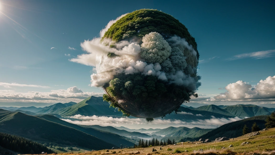 a large cloud ball on green mountains