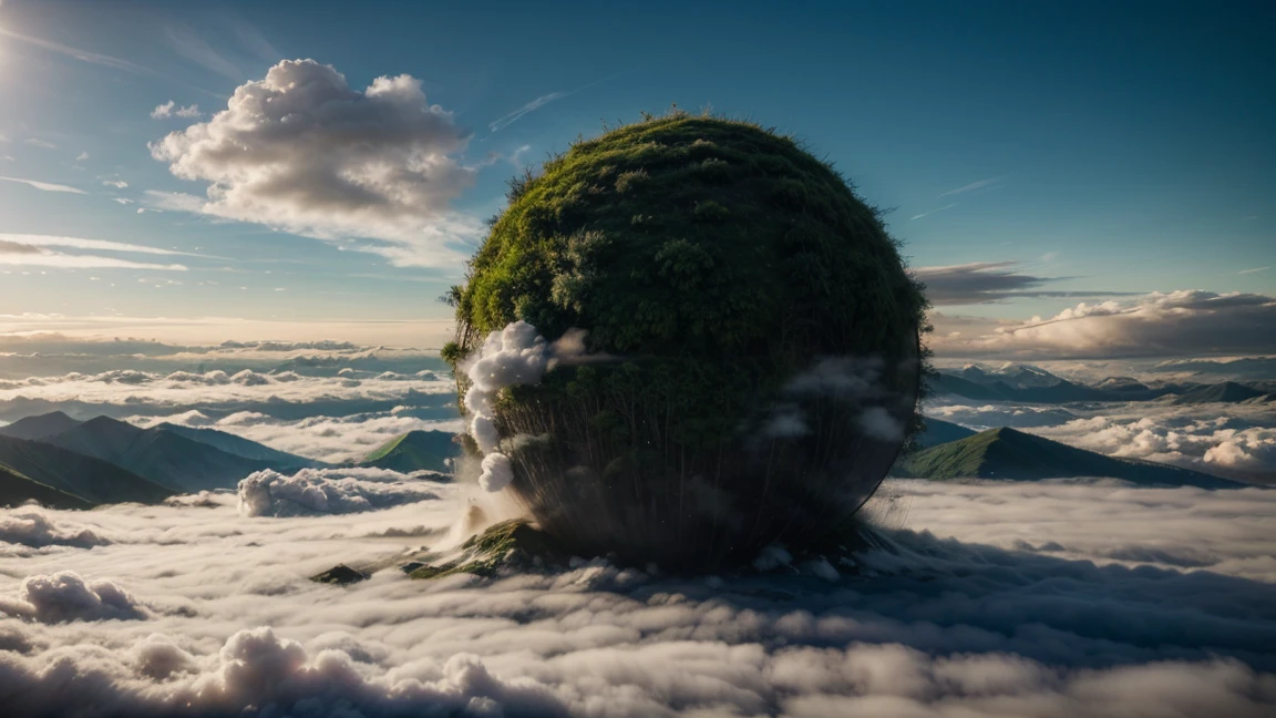 a large cloud ball on green mountains