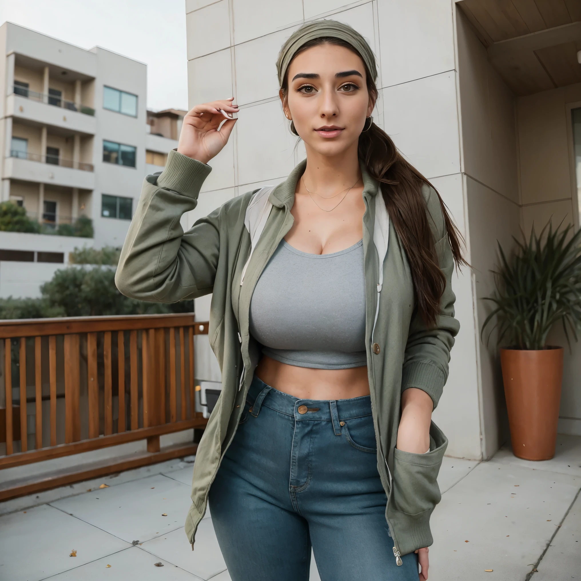 Extremely busty thin and toned brunette photographer, college girl, fair skin, loose ponytail, soft face, athletic, bandana babushka headwrap, tight olive green casual windbreaker, skinny jeans. standing in front of her apartment building, outdoors, city, camera bag, cleavage