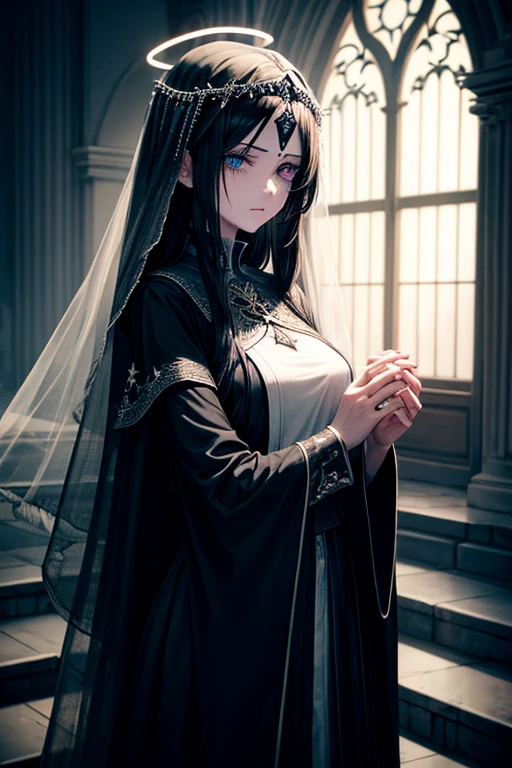 a young dark fantasy church priestess, with long black hair and white streaks, wearing an eyepatch on one eye, and her blueish green eyes, she cares a serious expression on her face and an angel like appearance, she wears elegant yet simple and modest black outfit, with some silver jewelry, she also wears a long see through veil on her head, with a faded sliver star shaped halo at the behind her head, she is holding her hands together symbolizing a prayer gesture.
