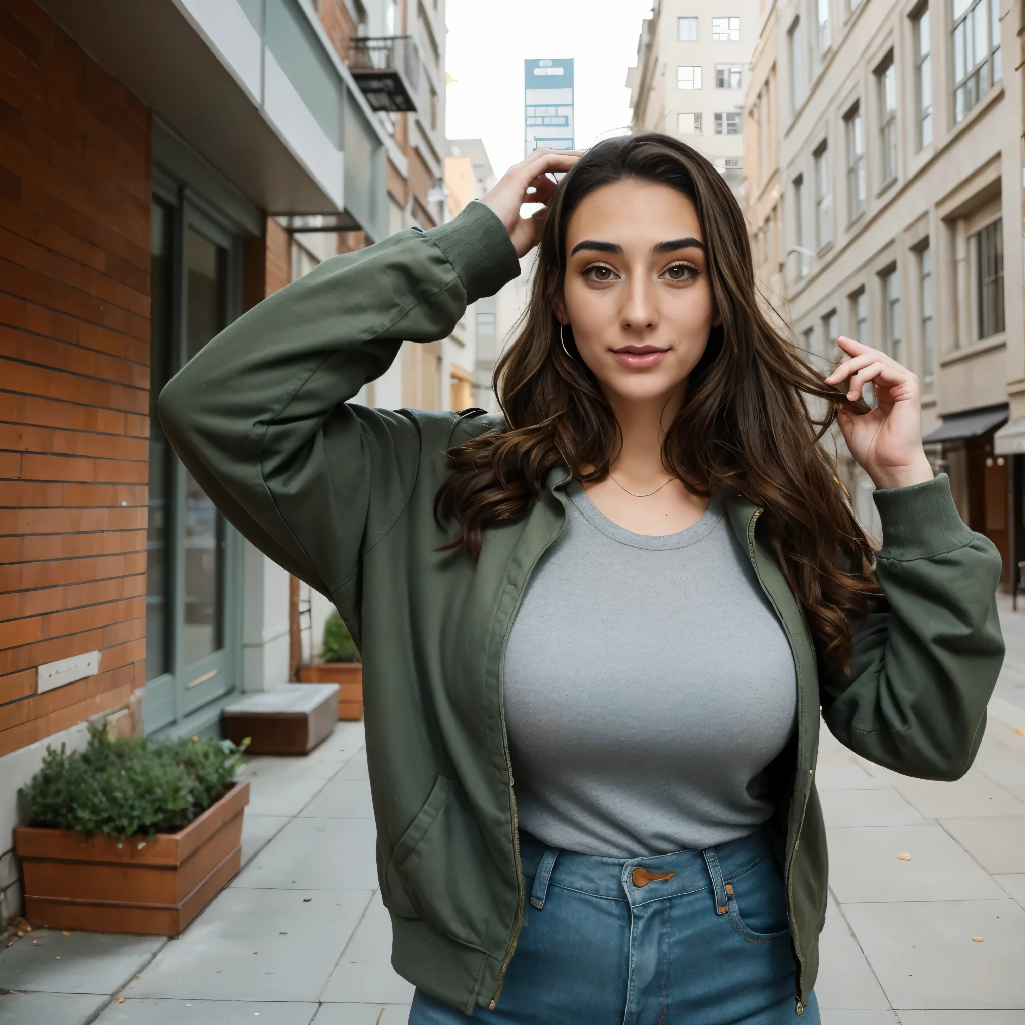 Extremely busty thin and toned brunette photographer, college girl, fair skin, loose ponytail, soft face, athletic, bandana babushka headwrap, tight olive green casual windbreaker, skinny jeans. standing in front of her apartment building, outdoors, city, camera bag, cleavage