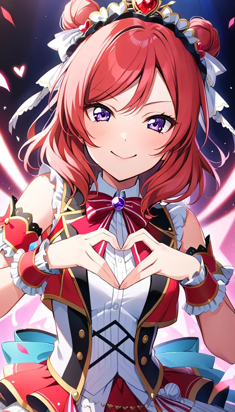 1girl, nishikino maki, upper body, idol costume, smile, id_maki_nishikino,making her heart-shaped hands