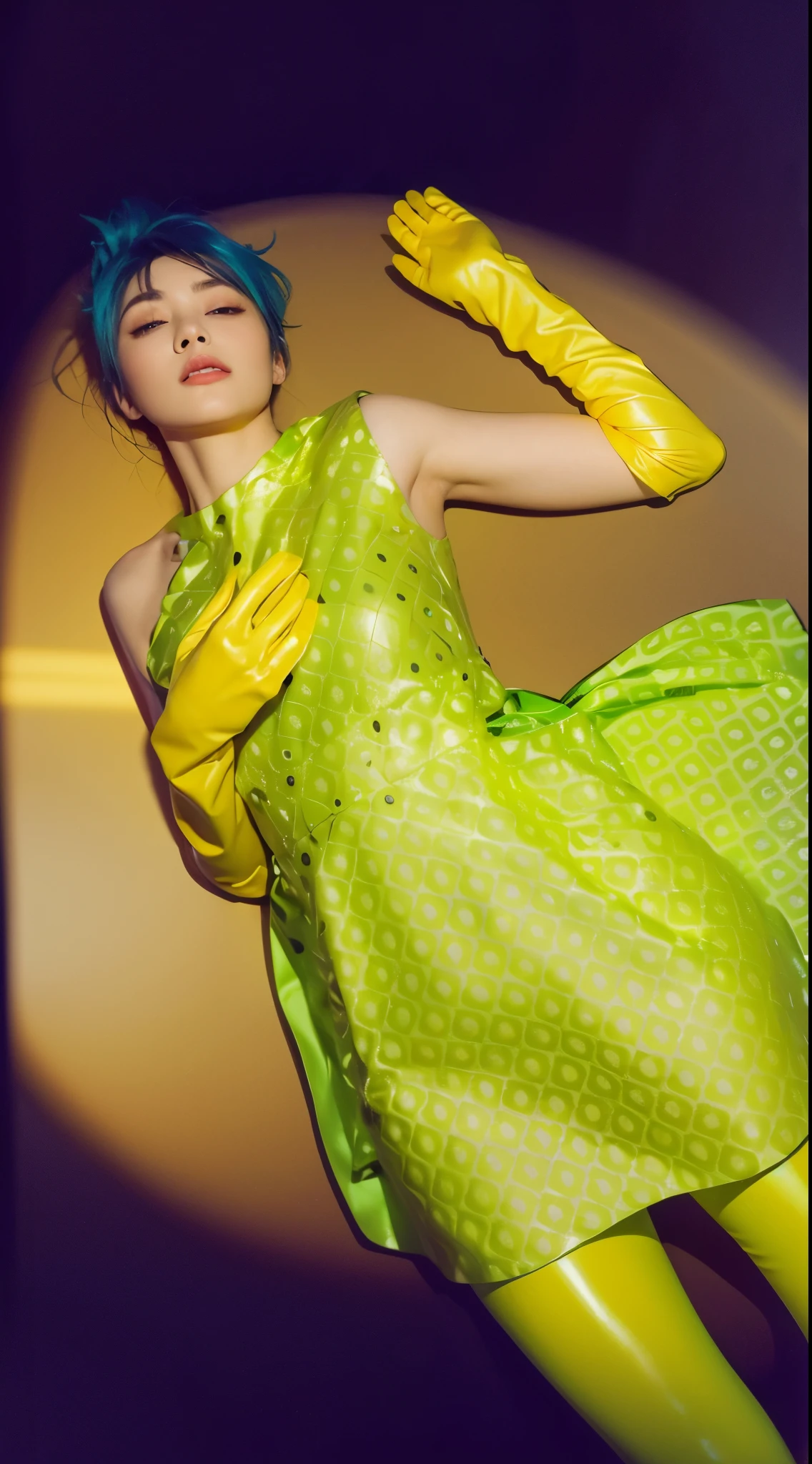 This image features a woman lying on an asphalt surface, dramatically illuminated by a spotlight that highlights her vivid features against the dark backdrop. Her glossy, satin-like skin glows under the intense light, emphasizing her serene and graceful appearance. Her striking blue hair, styled in a modern, edgy cut, contrasts sharply with the surrounding darkness, enhanced by the spotlight's focus. She wears a bright green dress with a playful geometric pattern, and her bold yellow gloves add a splash of color, further accentuated by the spotlight's beam. The purple background, framed by a white outline, deepens the dramatic contrast, focusing the viewer's attention on her as the central figure in this vividly lit nocturnal scene.. glossy texture, smooth 3d model, multiple light sources, rim light, sharp post effects render, (glossy plastic texture with multiple big light probe refractions), perfect cgi, smooth silhouette, high intensity refraction, (super glossy plastic material), most beautiful vfx, , realistic, 4k, high resolution, rim light, smooth 3d model, multiple light sources, rim light, sharp post effects render,, realistic, 4k, high resolution, rim light detailed digital art, reflective, best quality, 4k, masterpiece:1.2, ultra-detailed, realistic, vivid colors, The image of the highest quality, ensuring every detail showcased perfectly. It in 4k resolution, allowing viewers to immerse themselves in the richness of the colors and intricate details. The realistic rendering. under the spotlight, reflecting, high-resolution image, realistic rendering