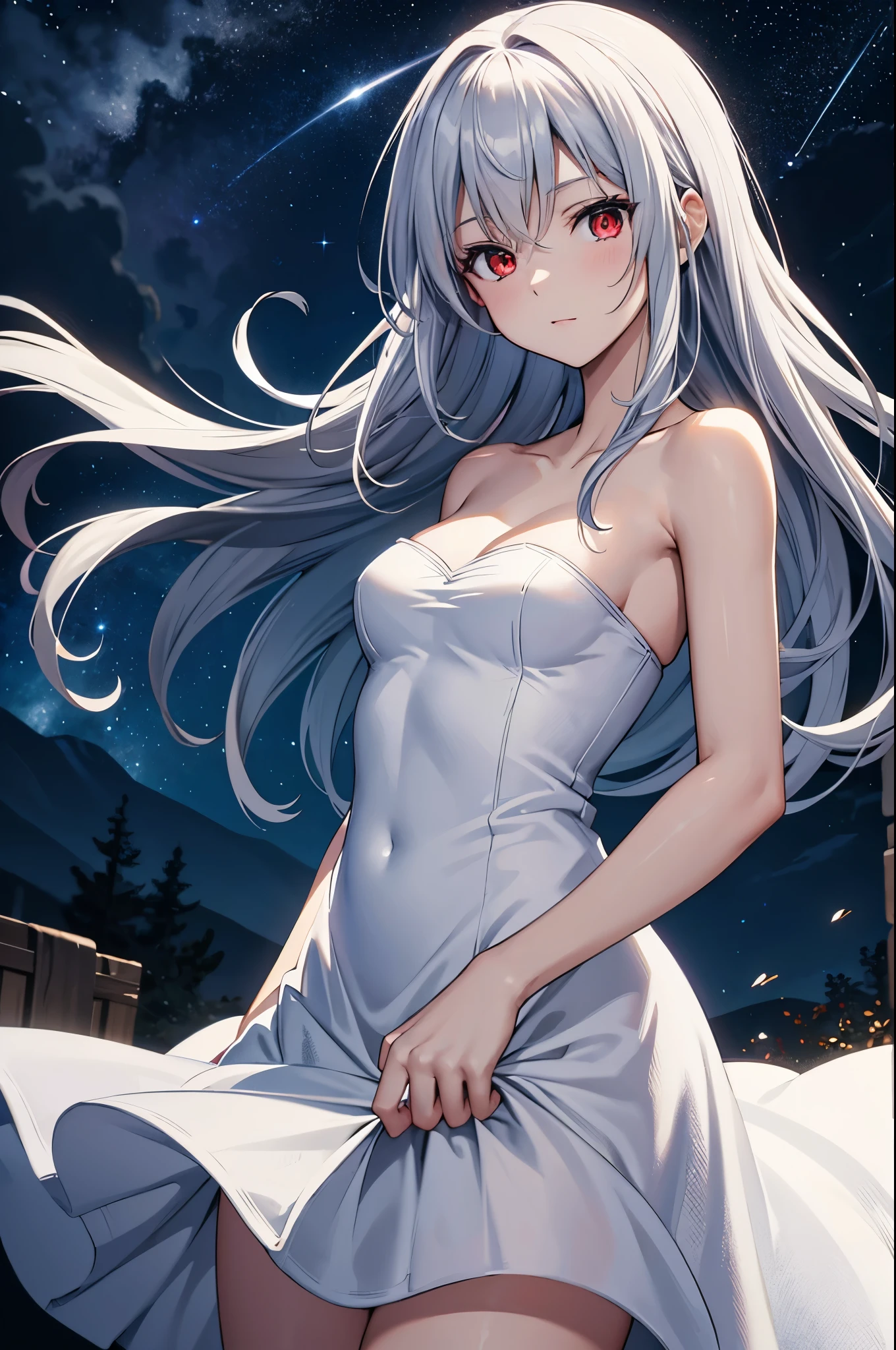 (obra maestra), 1 chica, Solo, Mejor calidad, ojos expresivos, cara perfecta, cabello muy largo, white hair BREAK yellow eyes BREAK pale skin, vestido blanco ROMPER pared de ladrillo, escote, pechos grandes, cuerpo delgado, :), sonrisa ligera, mirando al espectador, de pie, vestido sin mangas, hombros descubiertos, gargantilla, from behind, looking back, lindo trasero, sin bragas