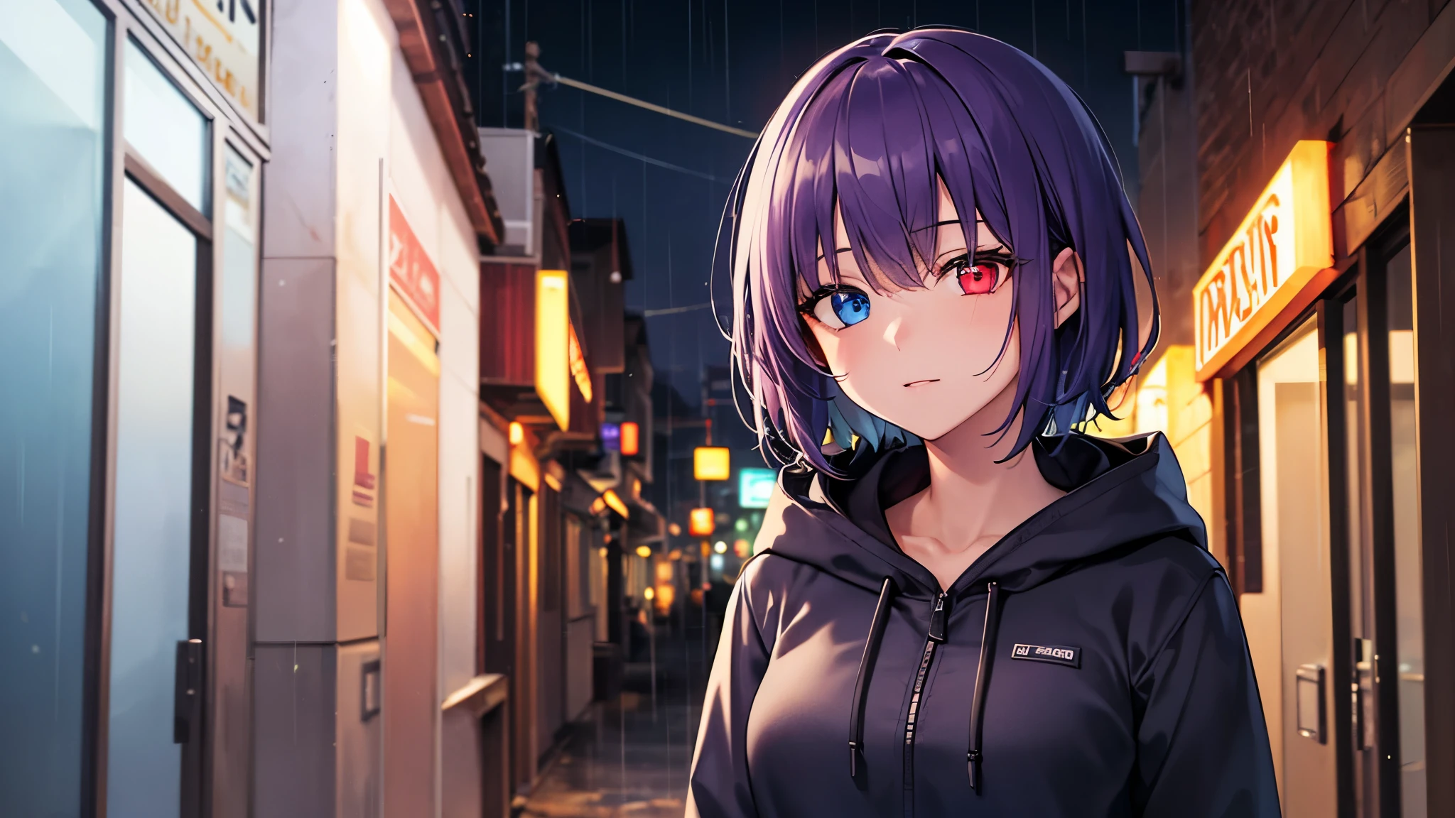 Highest quality, 8K, 4K, High resolution, (Beautifully detailed face), High Contrast,1girl,only,short hair,purple hair,heterochromia(red eyes,blue eyes), beautiful eyes, Slanted Eyes, Moderately sized breasts, A quiet town late at night, Night Rain, Neon Light, Hooded parka