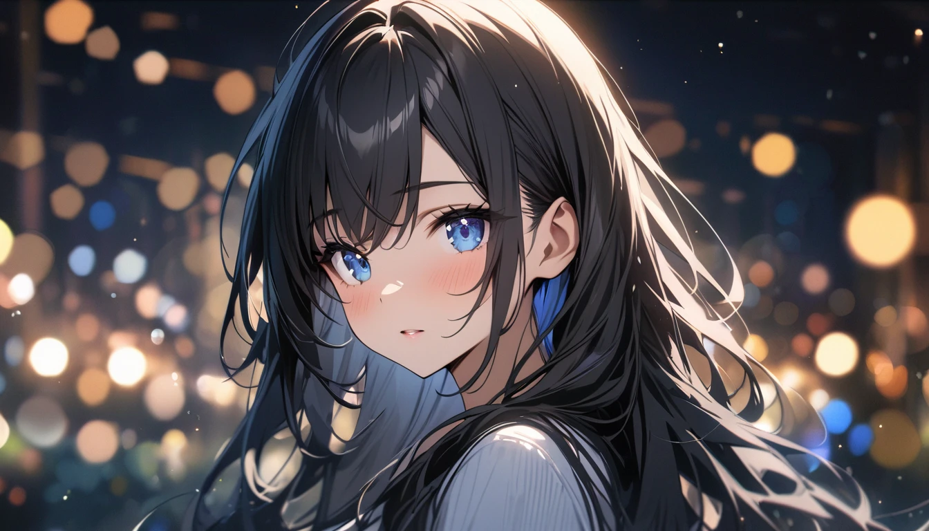 Full resolution, Highest quality, masterpiece, Full HD, Bokeh, particle Bokeh, Depth of written boundary,  Beautiful girls, Very detailed, One girl, pretty girl, Black Hair, Long Hair, Blue water eyes