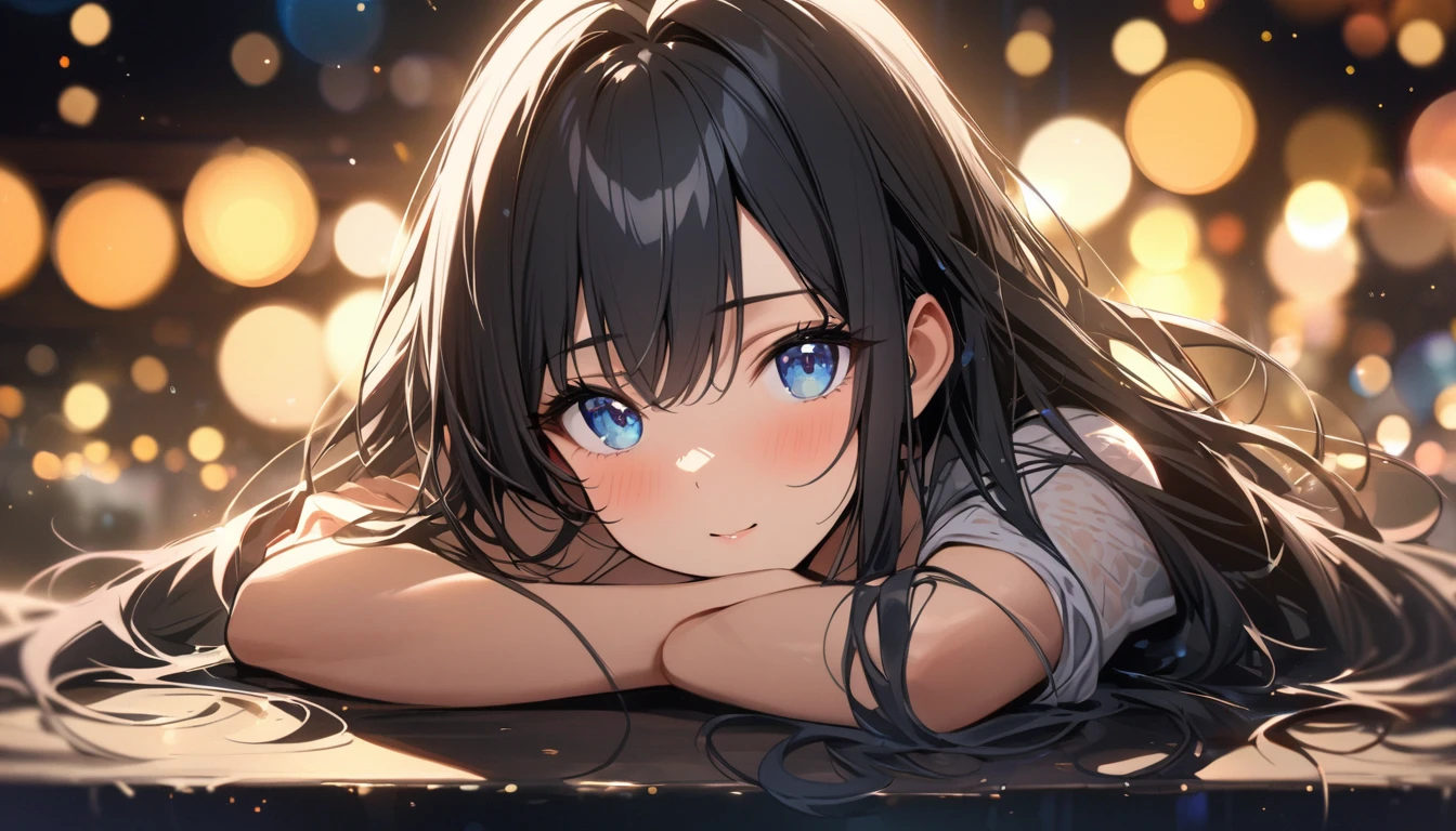 Full resolution, Highest quality, masterpiece, Full HD, Bokeh, particle Bokeh, Depth of written boundary,  Beautiful girls, Very detailed, One girl, pretty girl, Black Hair, Long Hair, Blue water eyes