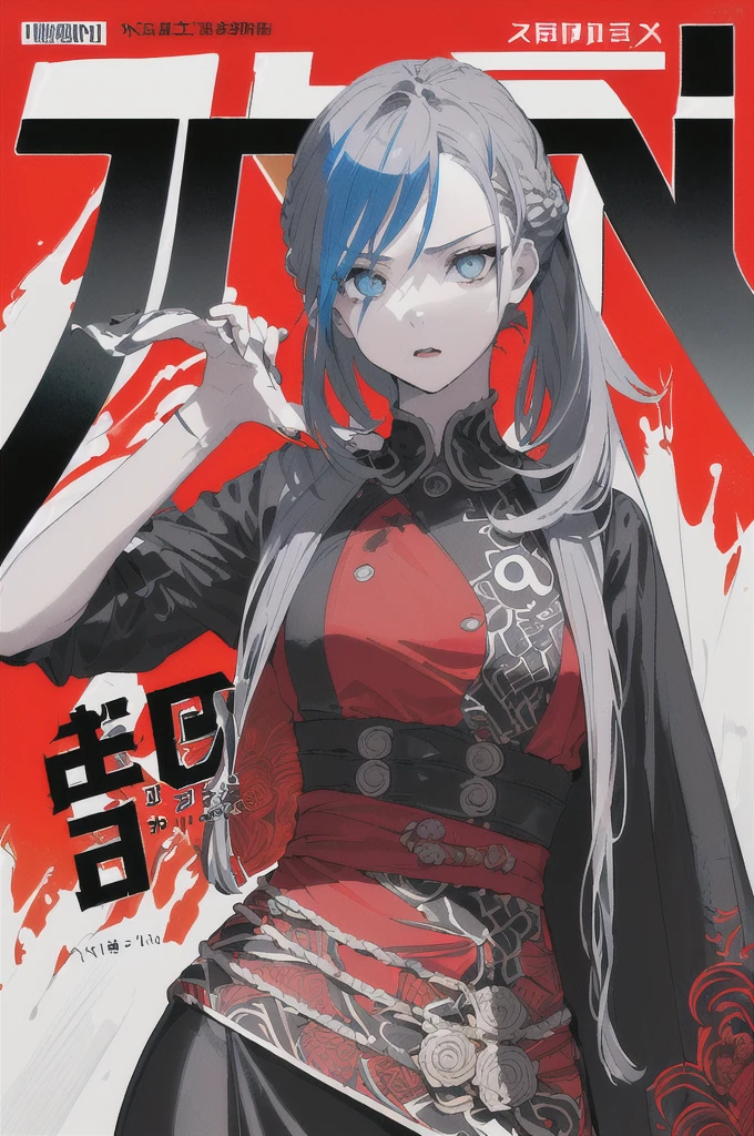 ((((dramatic))), (((Grainy))), (((intense))) film poster featuring a young 女性 as the central character. She stands have confidencely in the center of the poster, wearing a stylish and edgy Costume, with a determined Performance on her face. The background is dark and Grainy, With danger and tension. The article is bold and to attract attention, with a Catchy tagline that adds to the overall feeling of drama and excitement. The color palette is mainly dark with splashes of Vibrant colors, giving the poster a dynamic and visually impressive appearance,tachi-e (magazine:1.3), (cover-style:1.3), Pop Fashion, beautiful girl, Vibrant, Costume, Pause, front, colorful, dynamic, background, element, have confidence, Performance, Holding, statement, accessories, Majestic, Coiled, The surrounding area, touch, scene, article, cover, bold, to attract attention, title, stylish, font, Catchy, Heading, big, impressive,Gray Hair,Blue inner color,modern clothing,Long Hair,