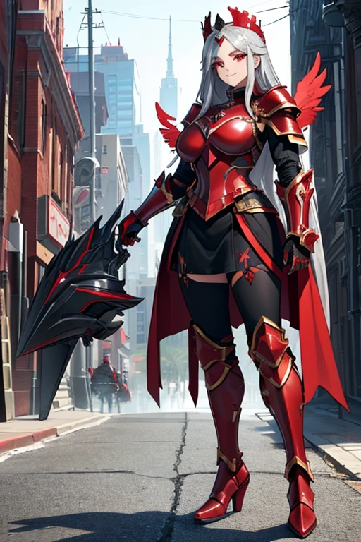 female, silver long hair, red eyes, (((1girl))), (((red full body armor))), (black gloves), (red metal gauntlets), (red metal boots), (red knight's helmet), (black crown), (silver and gold jewelry), cute and sexy, full body, huge breasts, long legs, smiling, black angel wings