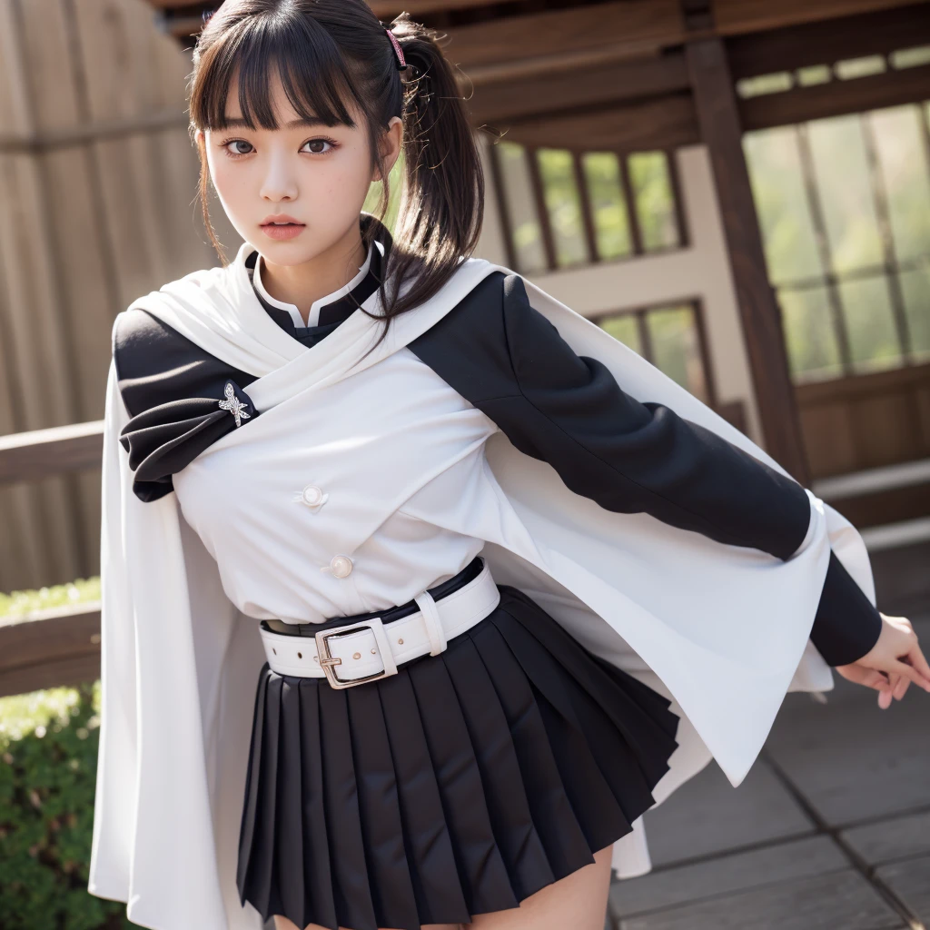 Ultra-realistic 8K CG, masterpiece, close, beauty, from the front, face sticking out, (Highly detailed background, Delicate pattern, Intricate details)), high quality, highly detailed face, Highly detailed eyes and face, Highly detailed eyes, One girl, kanao tsuyuri, (((Bangs Patsun,Side Ponytail, Side Ponytail))),(( Demon Slayer uniform:1.4)), Butterfly Hair Ornament,,( white belt), (Cape, white Cape),, (Black jacket), (Pleated skirt), belt, (Black Skirt), knees, buckle, Sheathed, belt buckle, (Black Shirt:1.0), cloudy null, sunlight, Tyndall effect, slope_null, face, gorgeous null, sword on waist,