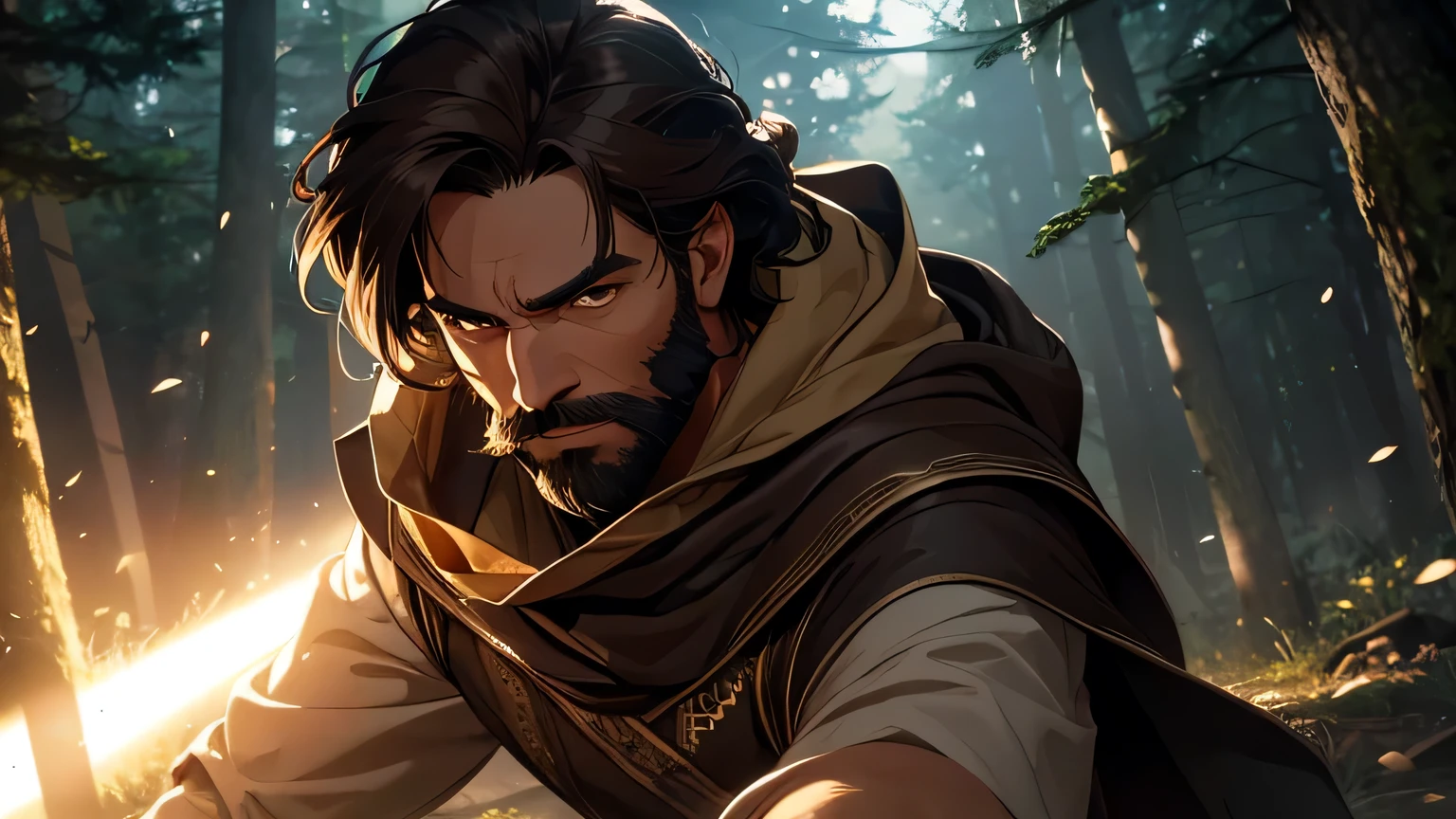 Man with a dark brown beard, long dark brown hair, light yellowish brown eyes and a dark brown and light brown tunic from the 4th century BC. C., with a light brown cloak, about 50 years old, fighting a dark and evil lion, in a dark and mysterious forest at night, movement scene in the forest, changing lighting, hyperrealistic, cinematic lighting,