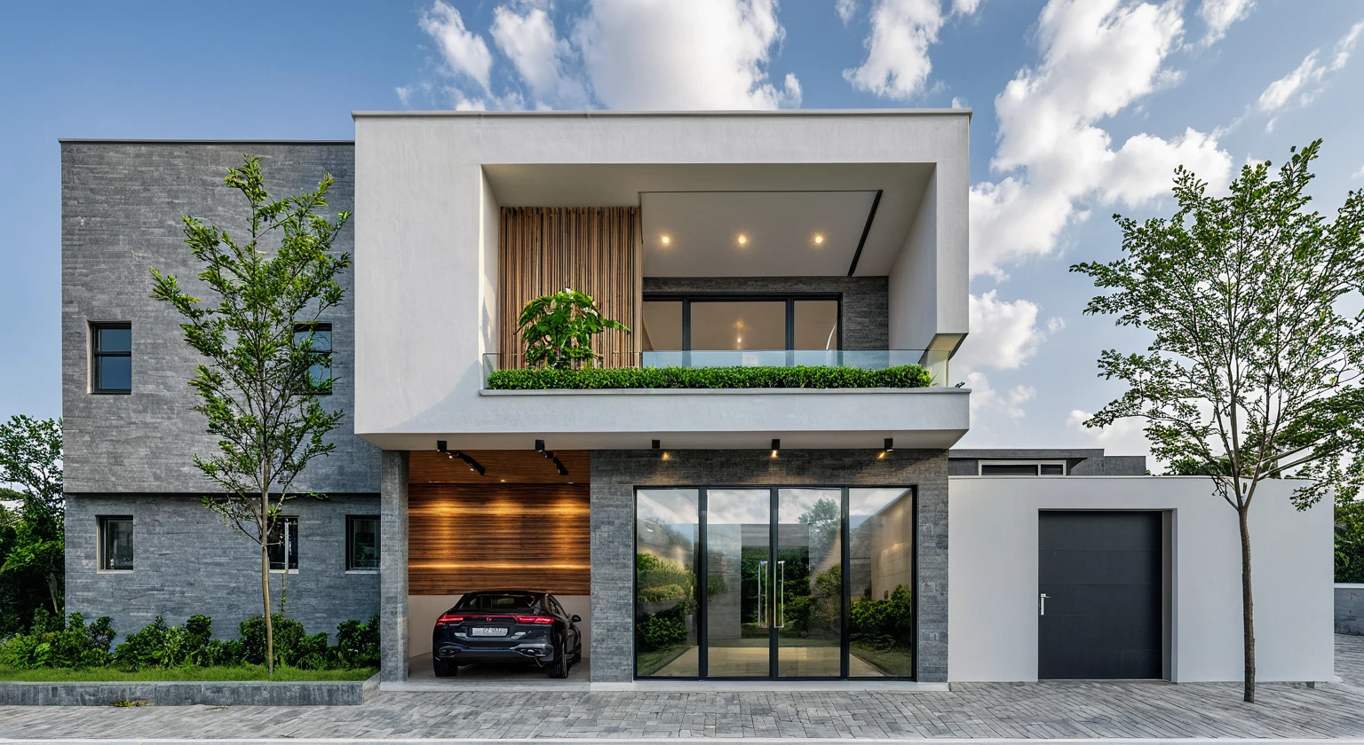 Raw photo, masterpiece, high quality, best quality, realistic, super detailed, outdoor, " 2-storey house " , modern Mezzanine house style, (white wall), curved wall facade, aluminum interior door glass, curved planter, gray tiled accent wall, gray iron box exterior gate, road, sidewalk, grass, trees, sky, clouds, (daylight):1.1)