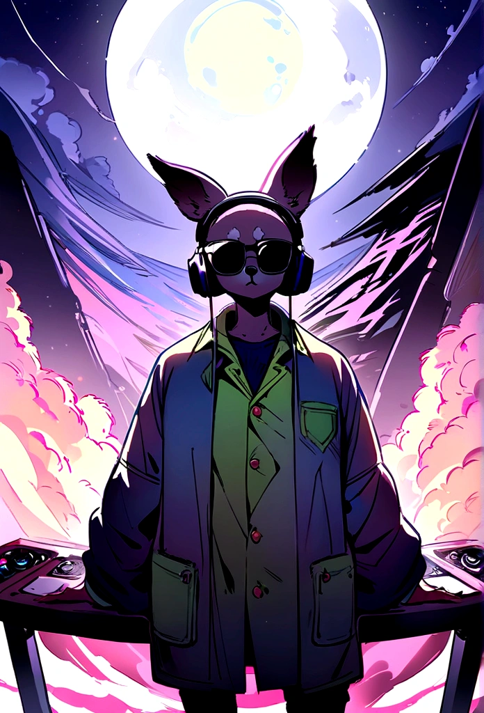 Perfect centering arrangement, Cute Chihuahua all over, Wear a student jacket, Wear sunglasses, Wearing headphones, Standing position, abstract beauty, centered, looking at the camera, facing camera, Approaching perfection, dynamic, moon light, high-detail, digital painting, art station, Concept Art, smooth, crisp focus, 10, high-res, illustration, Art by Carne Griffiths and Wadim Kashin, White background