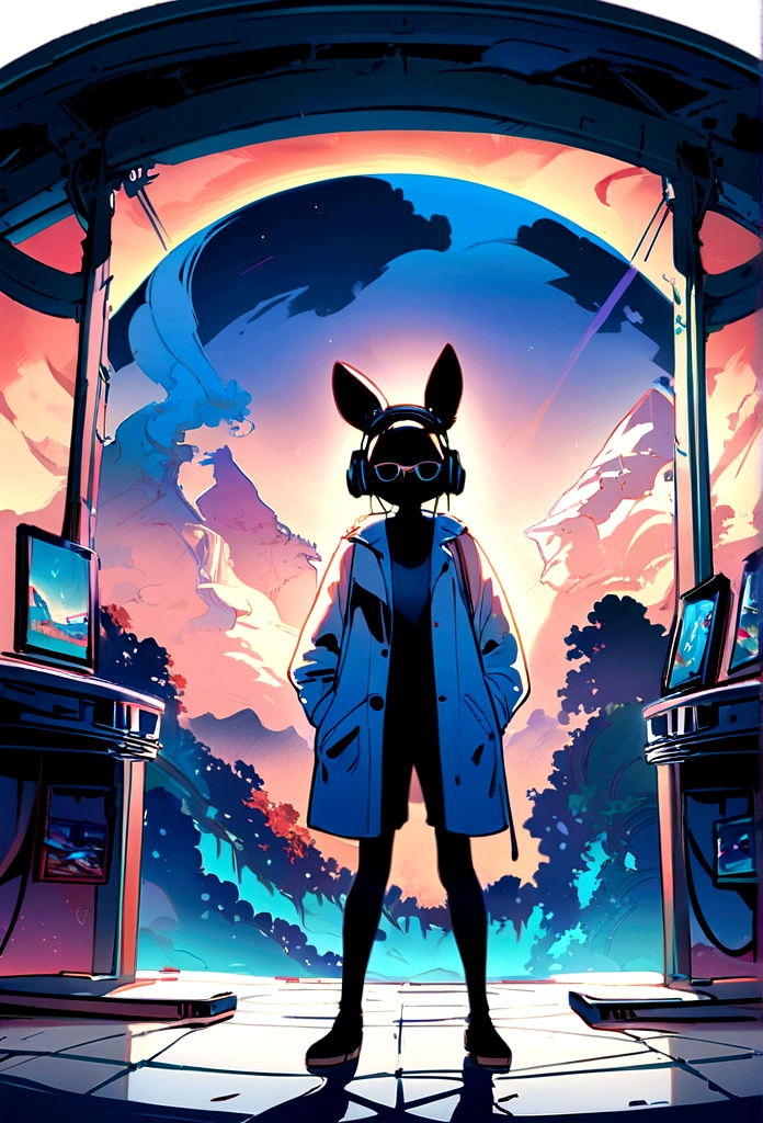 Perfect centering arrangement, Cute Chihuahua all over, Wear a student jacket, Wear sunglasses, Wearing headphones, Standing position, abstract beauty, centered, looking at the camera, facing camera, Approaching perfection, dynamic, moon light, high-detail, digital painting, art station, Concept Art, smooth, crisp focus, 10, high-res, illustration, Art by Carne Griffiths and Wadim Kashin, White background