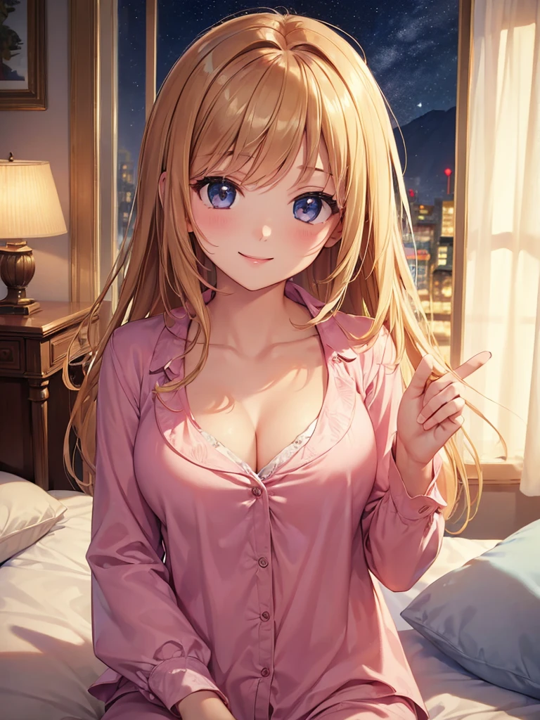 (masterpiece:1.5),(Beat quality),(high res),1girl solo,beautiful face,smile(shining eyes),upper body,light effects,Woman in pajamas,Bedroom at night