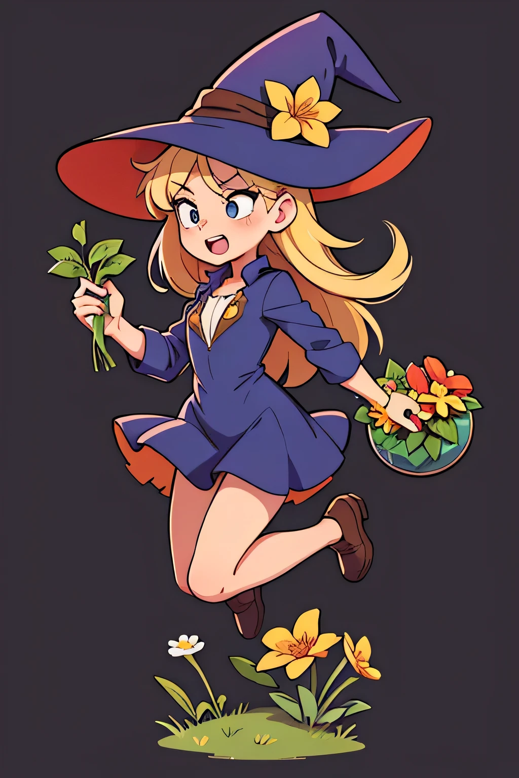 plant based witch, hot, full body, jumping, flower in hand.