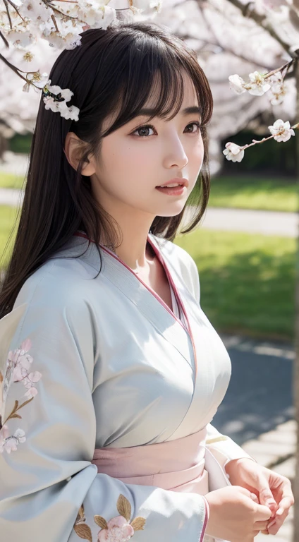 (logo、masterpiece、8K、Tabletop、RAW Photos、wonderful、最high quality、Realistic、Very detailed CG 統合 8K 壁紙、high quality、Very detailed、Narrative poem、Particle Effects、Dynamic Effects、Written boundary depth、Cinematic Light、Lens flare、Ray Tracing)、Fantasy、 (1 Beauty、White kimono、Japanese Clothing、White cherry blossom pattern、White cherry blossom embroidery pattern、Black-haired、Beautiful Face、True Face、Beautiful details in the eyes、Beautiful Skin)、Hair flutters in Wind、Hair bounces、Pink cherry blossom tree、Petals flutter、SakuraFubuki、wonderful景色、Morning Glow、Sun in the background、Wind、god々、teeth、god話、Vast land、