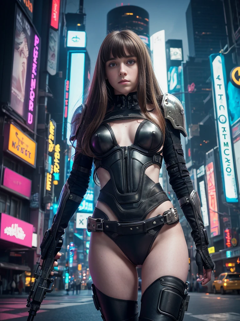 ((high resolution)), ((pale skin)), freckled, Irish, brunette (()) girl, with blue eyes, blushing cheeks, wavy hair, smiling, naked, sexy armor, cyberpunk, neon cityscape