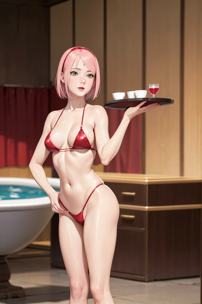 NSFW, (girl),（（optimal quality））， （（Masterpiece））， （A detailed： 1.4），face red，perspire，showing niples, fully naked，The ultimate masterpiece,(fidelity:1.2),(sexy),open air bath, (Huge chest), Open crotch, Open legs, (Smooth: 1.1), (Cutes: 0.9), (shiny: 1.1),, red lips, lust face, sakura haruno from naruto anime, cute pose, super small bikini ,g string, very big breast, big ass, detailed lines, 8k image, no blur