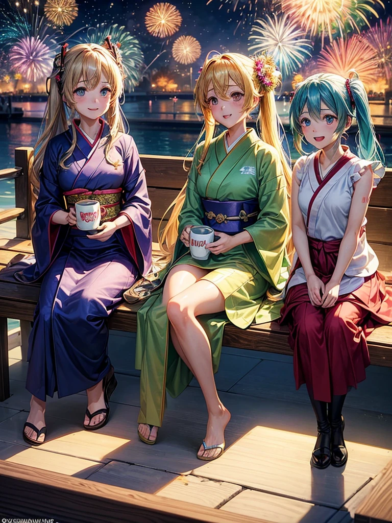 (highest quality)), ((masterpiece)), (family friendly), Perfect Face,Shiny skin,Beautiful breasts,Shiny skin、Kyoto Animation style painting、Hair、Golden Eyes、Sunburned skin、night、Hatsune Miku、(((2 girls)))、(((firework)))、(((night)))、Sit on a bench、(Sweat)、
、kimono、(((Mug)))、smile、look up、Open your mouth、