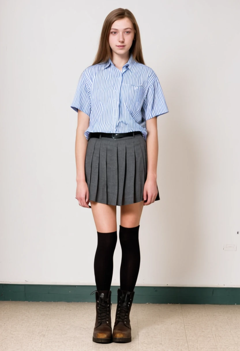 a 20 year old white woman, in a high school shirt, loose shirt, thin hip length shirt, school boots, no skirt.