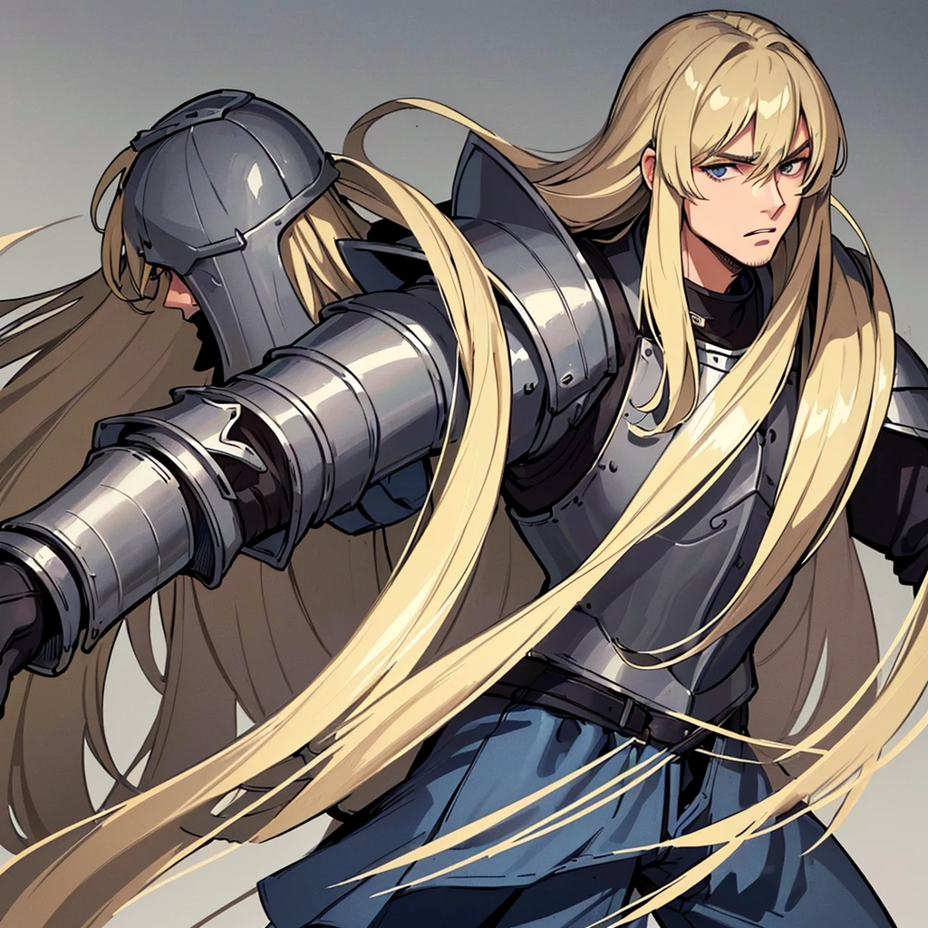 ((((Solo))))、Highest quality, Best Quality, Best illustrations, (((Grey Armor)))、(((Blond long hair man、Long-haired man、male、24-years-old、Cool guy)))、(Medieval Knight)、(Navy blue trousers)、(get annoyed)、Medieval town、Cowboy Shot、front、(Close-up of face)