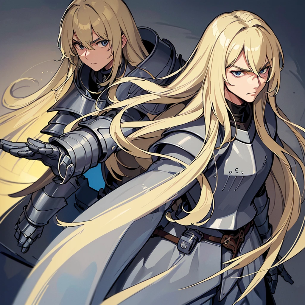 ((((Solo))))、Highest quality, Best Quality, Best illustrations, (((Grey Armor)))、(((Blond long hair man、Long-haired man、male、24-years-old、Cool guy)))、(Medieval Knight)、(Navy blue trousers)、(get annoyed)、Medieval town、Cowboy Shot、front、(Close-up of face)