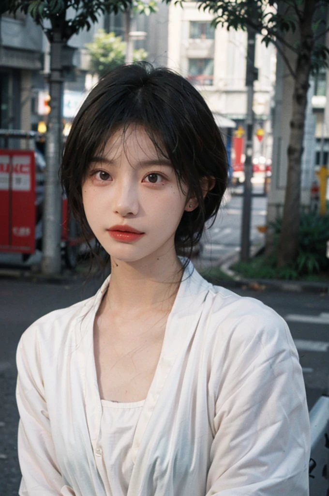 (smooth skin textures:1.3), Lipstick, Upper body,Upper Body,background, earrings, serene, calm, (Dress conservatively:1.6),(Realistic and detailed eyes:1.2), Natural skin texture, Realistic facial details, Soft dramatic lighting, Vivid details, outdoor, (Photo Practical:1.4), (hyper Practical:1.4), (Practical:1.3), (Improve lighting quality:0.9), (Highest quality real skin textures:1.4), (Enhance the beauty of skin texture:1.1), Hair details, model, short hair, Moles under the eyes, Portrait Photography, Depth of Field, Bokeh, Surrealism, Ray Tracing, (Portrait Photography:1.1), Surrealism, High Detail, Chiaroscuro, Ray Tracing, reflected light, Ultra HD, Ultra HD, masterpiece, Textured Skin, Super Detail, High Detail, high quality, best quality
