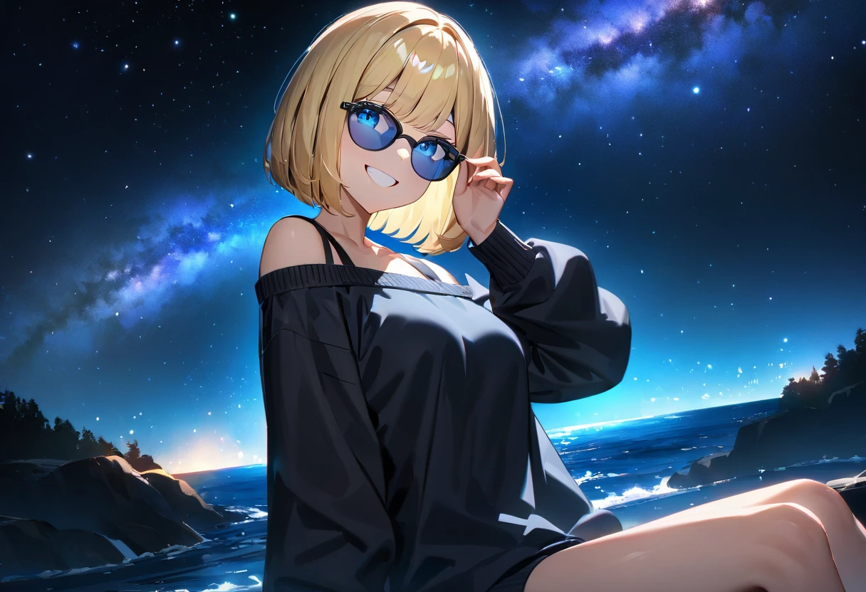 ((grin)), ((off-shoulder sweater:1.3, Quite thick shoulder straps)), ((black sweater)), ((blond hair, bob cut:1.3)), ((sunglasses, hand to sunglasses)), (((from side))), ((((upper body)))), bare legs, ((Leaning to side)), (((a beautiful starry sky, the Milky Way shining beautifully in the night))), ((sitting on the very high cliff)), wavy hair, inward curled hair, ((sea, nature)), breasts, teenager, (looking at viewer), oversized clothes, puffy long sleeves, collarbone, head tilt:1.3, (((blue eyes))), happy smile, (((anime style))), (best quality, 4K, 8K, highres, masterpiece:1.2, ultra-detailed, ultra-detailed eyes, HDR, uhd, studio lighting, ultra-fine painting, sharp focus, physically-based rendering, extreme detail description, professional, vivid colors, bokeh)