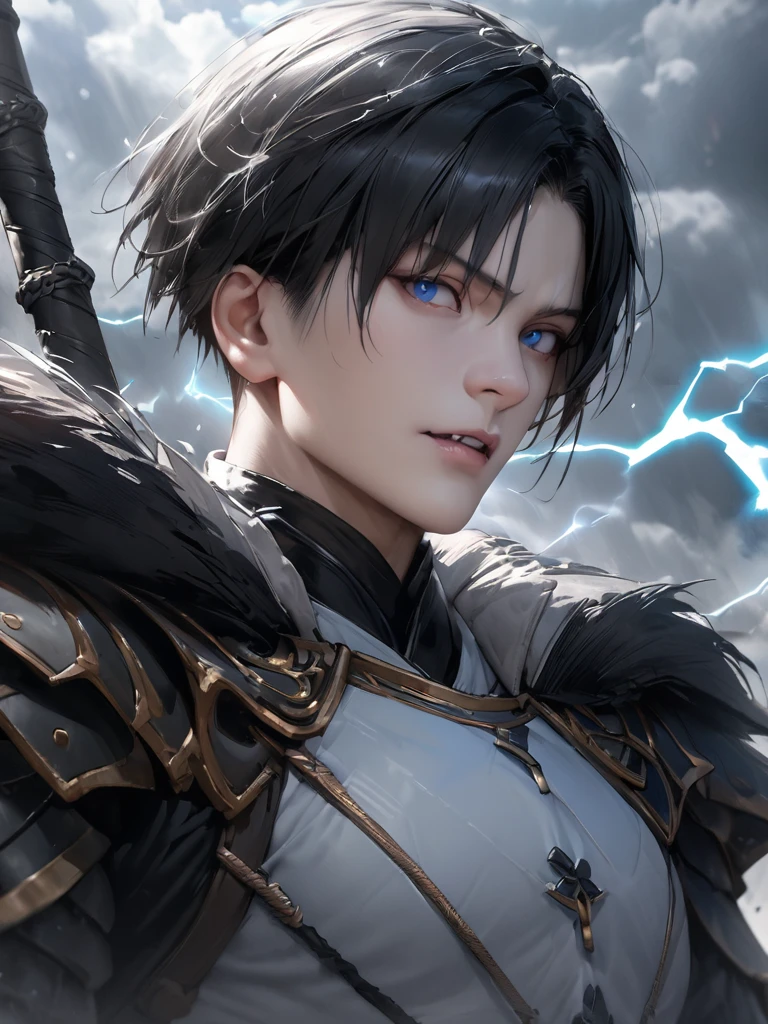 Masterpiece, Highest quality, war, cold weather, realistic, 1 person, mature man, A quiet and charming young man., 30 years old, Portrait, ใบหน้าที่Highly detailed,Masterpiece,best quality,Highly detailed,very detailed, Levi Buman, armor,(Broad shoulders)) (muscle), alone, black hair,blue eyes, muscle shoulder armor, Holding, look at viewer, Holding black stick, Digital Artwork, black short hair, belt, sky, cloud, electricity, upper body,Fang Tian Hua Ji, gag, blue eyes,ชุดarmorอัศวินสีดำ ,Fang Tian Hua Ji, black wool shawl(Masterpiece,best quality,special, (Broad shoulders)) (muscle), focus man,ถือหอกแทงsky,