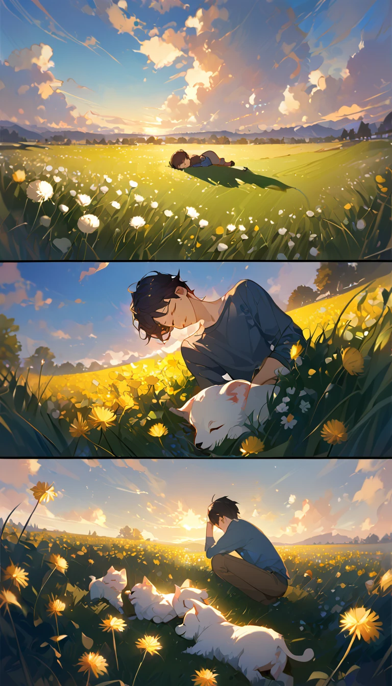 masterpiece, best quality, 8k, 4k, 1boy, kid, sleeping, dark blue hair with red stripes, blue long sleeve shirt, short pale brown pants with pocket, lay down on the field, white puppy sleeping next to the boy, siberian white puppy, white dandelions fields, dandelions Taraxacum erythrosperm, wind blowing, sleeping on the fields, finely detailed eyes and detailed face, inspired by Asukaziye artist : ask, art style : ask