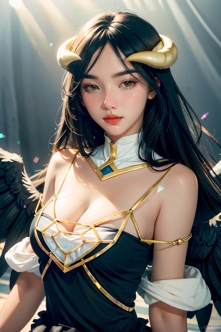 Masterpiece, Best quality, Ultra-detailed, illustration, epic lighting, Cinematic composition, isometry,(hexagons:1.2), 1girll, Horns, Solo, Yellow eyes, Black hair, Long hair, (Low wing:1.2), Large cleavage, Bare shoulders, hair between eye, Medium breasts, (White dress:1.1), Golden decoration, Detached collar, view the viewer, Semi-closed Eyes, (view the viewer:1.1), parted lip, Blush, Black feathers fall, Arena, particle fx, (8K:1.1)