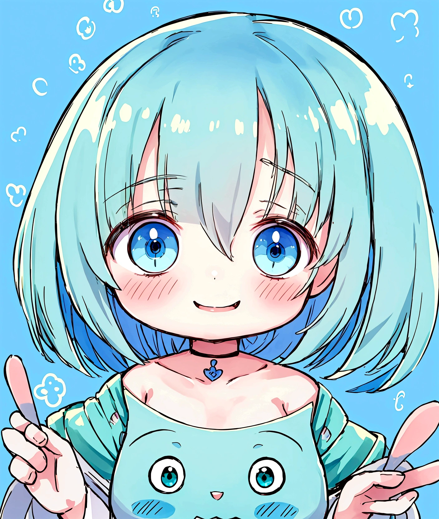 ,Baby Face, cute, evildoer, ((Anime Girls)), Green Skin、Light blue hair、、Short limbs、Big Head、Flat chest、Very detailed, ((masterpiece, Highest quality;1.3)) , An innocent smile、laughing、whole body