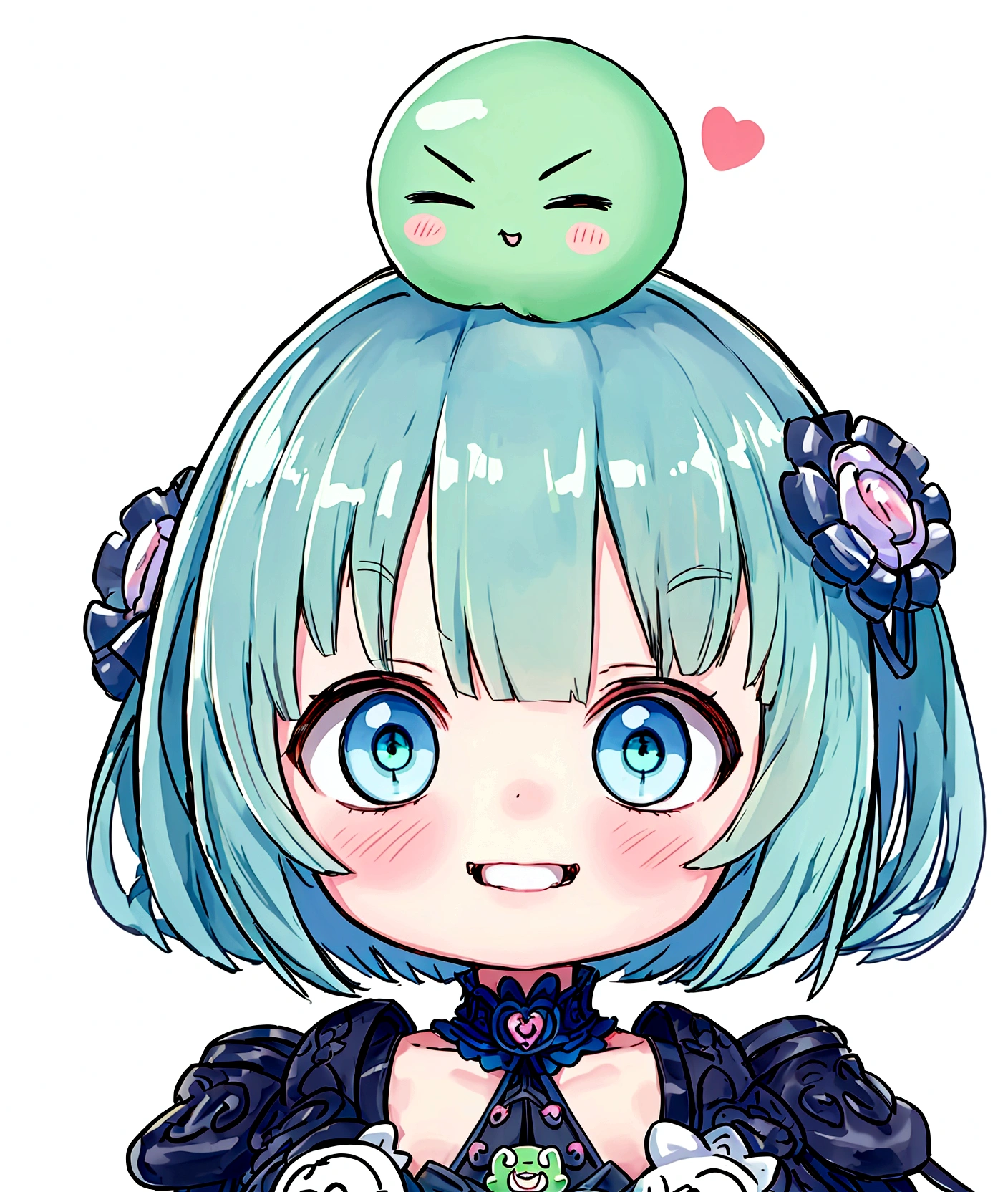 ,, cute, evildoer, ((Anime Girls)), Green Skin、Light blue hair、、Short limbs、Big Head、Flat chest、Very detailed, ((masterpiece, Highest quality;1.3)) , An innocent smile、laughing、whole body